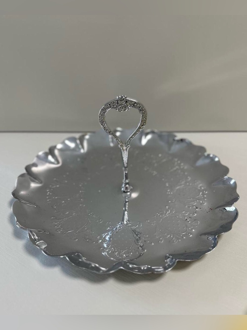 Vintage Silver color - Heart Handle mid century Serving Tray
